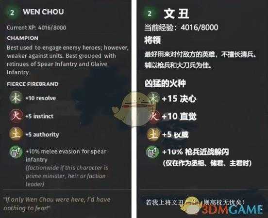 《全面战争：三国》木属性武将文丑先天属性一览