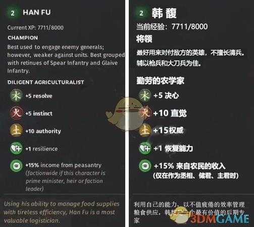 《全面战争：三国》木属性武将韩馥先天属性一览