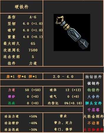 《太吾绘卷》硬铁杵武器属性图鉴分享