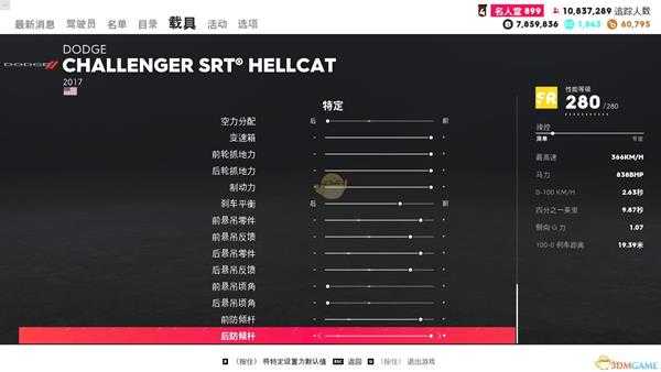 《飙酷车神2》道奇 CHALLENGER SRT 地狱猫走线风格调校指南