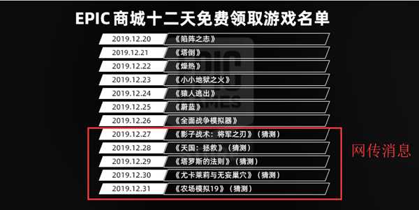Epic商城免费送12天游戏 已送出和预测即将送出名单汇总
