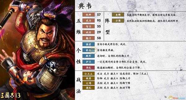《三国志14》典韦属性个性一览
