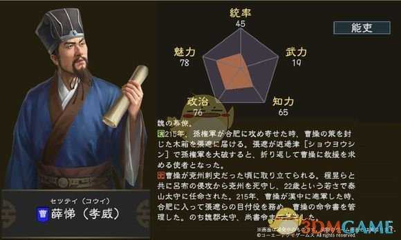 《三国志14》薛悌五维属性图一览