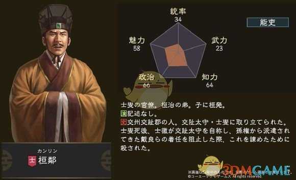 《三国志14》桓邻五维属性图一览