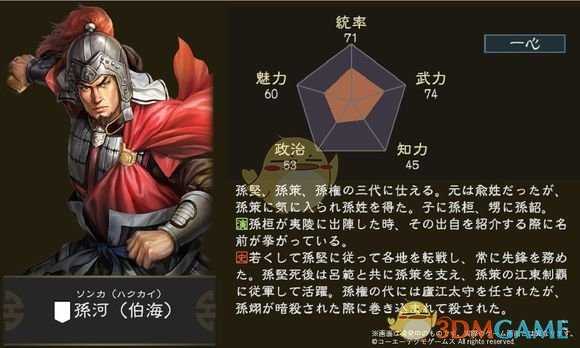 《三国志14》孙河五维属性图一览