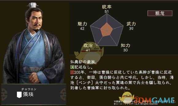 《三国志14》张琰五维属性图一览