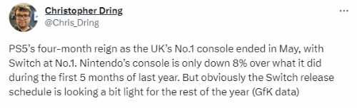 今年5月NS英国销量首次超越PS5 《王国之泪》立大功