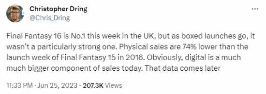 《FF16》英国首周实体销量第一！但不及《FF15》一半